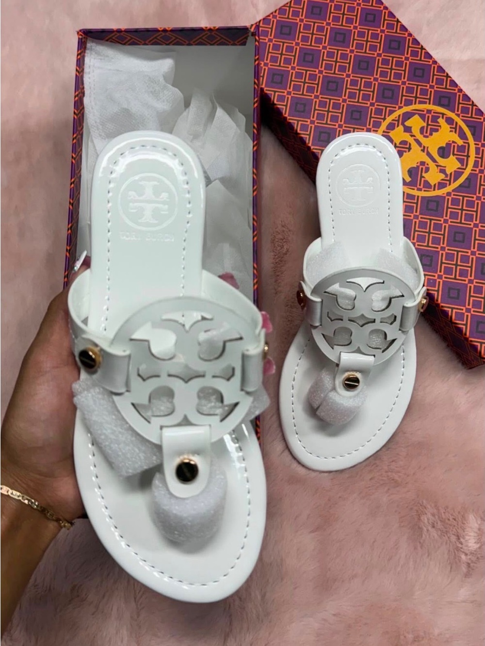 Tory Burch White Leather Logo Thong Sandals